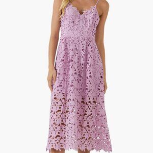 Lace Spaghetti Strap V-Neck Midi Dress Purple, Floral Crochet Overlay, Medium